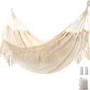 Double Boho Macrame Hammock with Elegant Tassels for Patio, Yard, Beach Wedding Decor, Outdoor and Indoor Up to 450lbs Include Tie Ropes and Drawstring Bag (Beige)