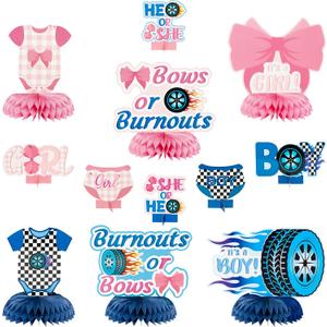 12Pcs Burnouts or Bows Gender Reveal Party Honeycomb Centerpieces Table Toppers for Boys Girls Blue and Pink Car Wheel Bow Tie Party Decoration Supplies for He or She Gender Reveal Baby Shower
