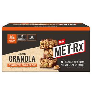 MET-Rx Big 100 Granola Protein Bar, Meal Replacement Bar, 32G Protein,Peanut Butter Chocolate Chip, Pack of 9, NOV 24/26