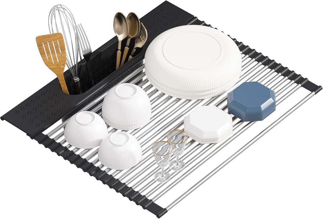 Roll Up Dish Drying Rack Over Sink, 17.5" x 15.2" Foldable SUS304 Stainless Steel Kitchen Dish Drainer, Heat-Resistant Multipurpose Rolling Sink Rack Organizer,Black, Black17.5" X 15.2"