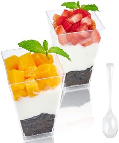 JOLLY CHEF  3 oz Square Mini Dessert Cups with Spoons, Clear Plastic Parfait Appetizer Cup, Small Plastic Dessert Serving Bowl for Tasting Party JOLLY CHEF  3 oz Square Mini Dessert Cups with Spoons, Clear Plastic Parfait Appetizer Cup, Small Plastic Dessert Serving Bowl for Tasting Party
