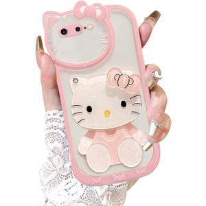 for iPhone 7 8 SE2020 SE2022 Kawaii Cartoon Cute Pink Phone CaseBuilt-in Makeup Mirror for Women Girls, Soft Transparent Protective Pink Phone Case