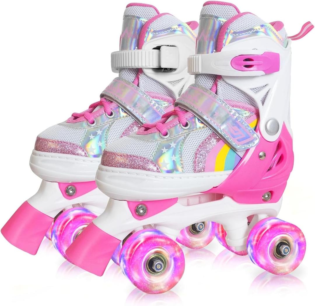 Nattork Kids Roller Skates for Boys Girls, Adjustable Quad Skates for Kids with Light up Wheels,Cool Birthday Gift for Children Beginners Indoor Outdoor Sports, Pink, Small(10C-13C) 