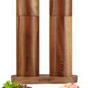 2 Pack Acacia Wood Salt and Pepper Grinder Set with Bases, Refillable Salt and Pepper Mills Adjustable Coarseness, 8 Inches Kitchen Ceramic Core Peppercorn Shaker