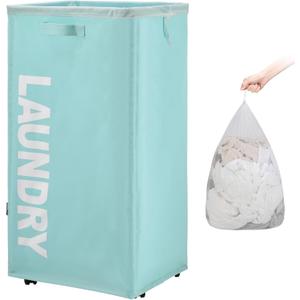 TOTANKI 29" X-Large Rolling Laundry Basket on Wheels with Removable Bag, Foldable Laundry Hamper with Handle, Collapsible Laundry Sorter and Organizer, Tall Storage Basket Bin (Light Blue)