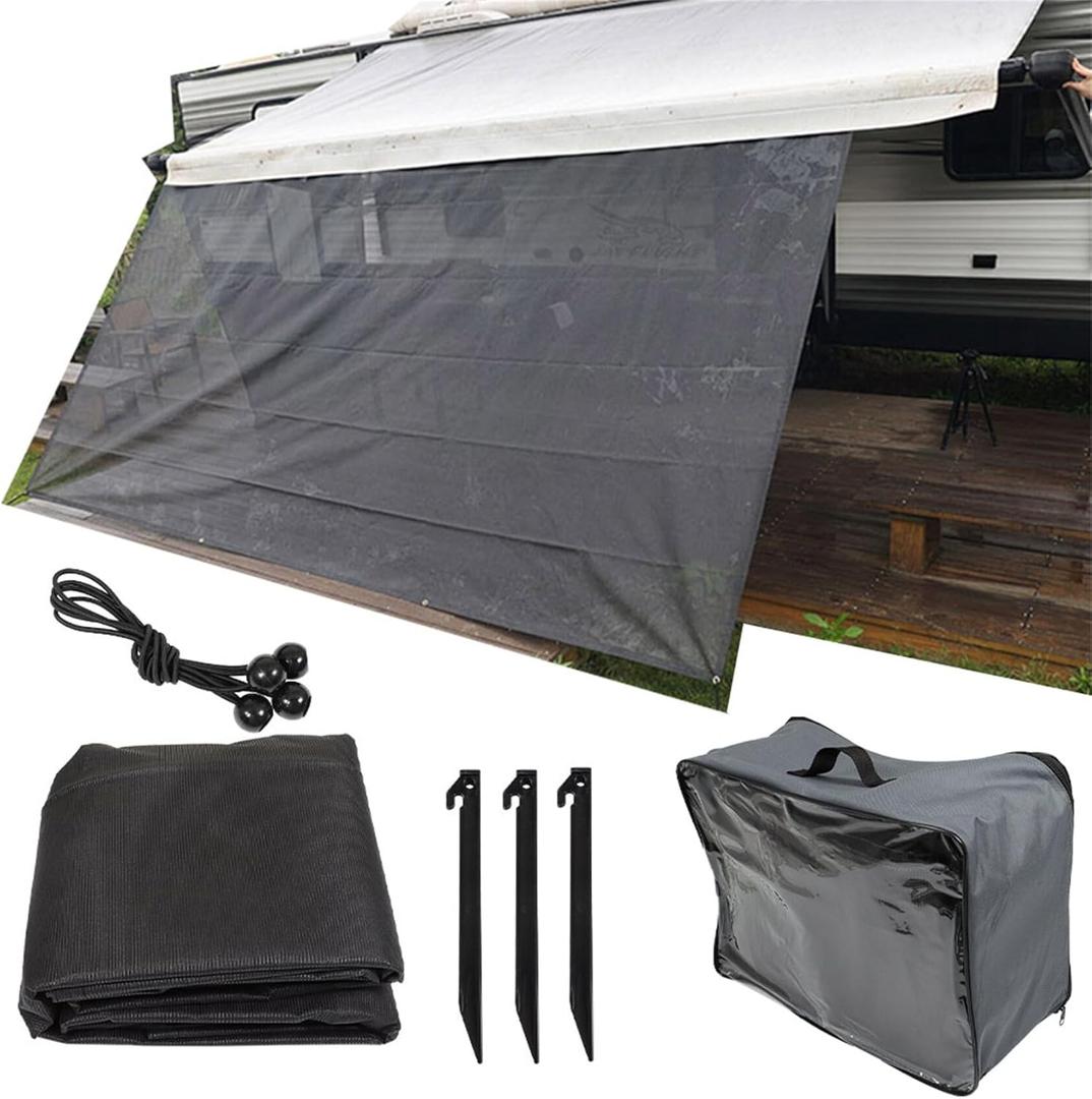 8FT x 13FT 3in Rv Awning Sun Screen Rv Front Awning Complete Kit UV Blocking Black Grid Improves Shadow Protection Privacy Peplacement for Rv Travel Outdoor Camping