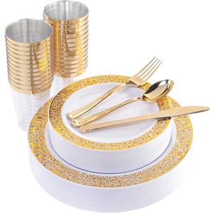 WELLIFE 175 PCS Gold Plastic Plates, Gold Rim Plastic Dinnerware Set, Includes: 25 Dinner plates, 25 Salad Plates, 25 Tumblers 9oz, 50 Forks, 25 Knives and 25 Spoons for Party