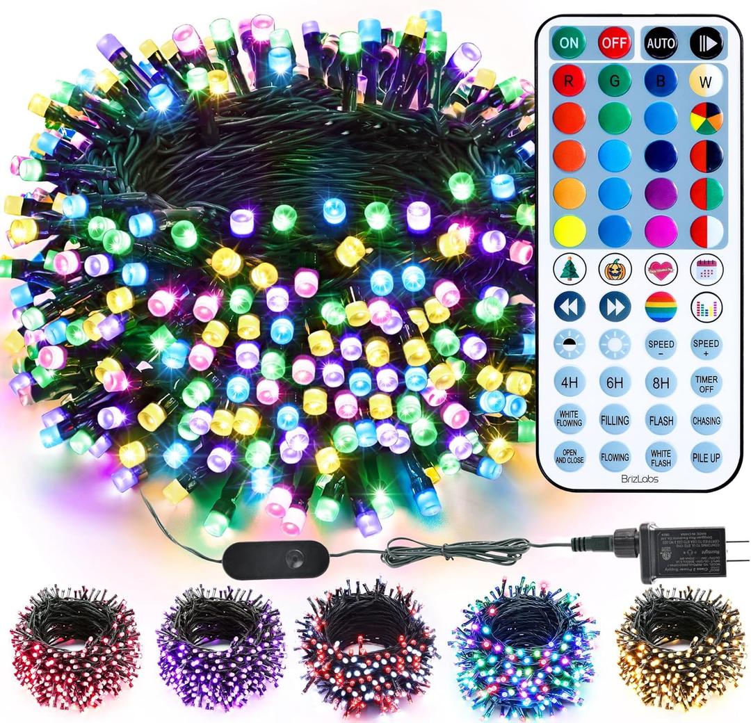 BrizLabs RGB + Warm White Christmas Lights, 98.5FT 300 LED Color Changing String Lights with Remote, Dimmable Twinkle Mini Fairy Light for Indoor Outdoor St Patrick's Day Xmas Halloween Tree Decor (RGBW - Green Wire (Adaptor))