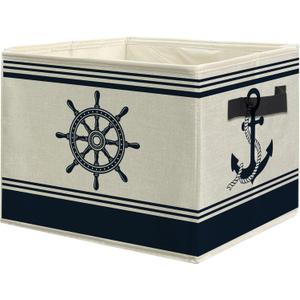 Navy Blue Nautical Storage Bins, Coastal Beach Boat Anchor Rudder Collapsible Storage Box Laundry Basket with Handle for Home Bedroom Bathroom Office Clothes Toys Books