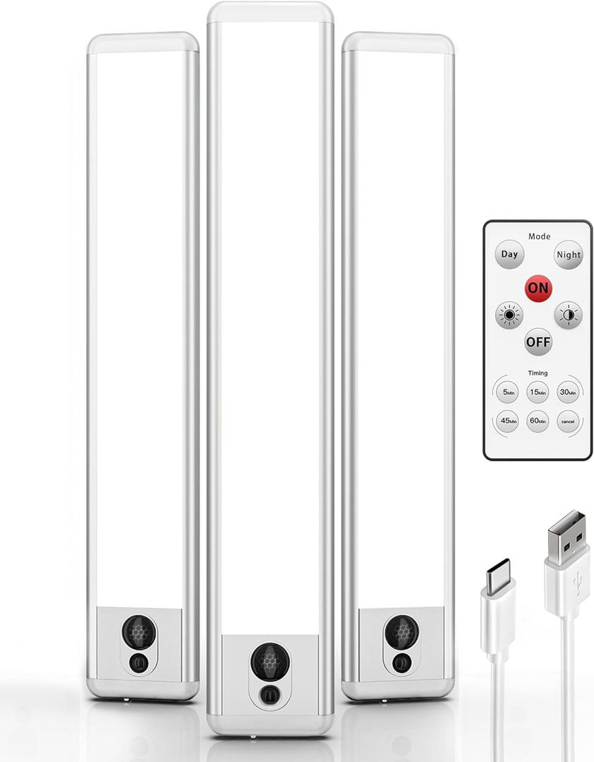 EZVALO 3 Pack Under Cabinet Lighting, Rechargeable Motion Sensor Light, LED Closet Lights Wireless, 5700K Dimmable, Timer, Magnetic, with Remote Control for Kitchen, Closet, Stair (Cool White)