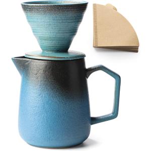 Pour Over Coffee Maker, Blue Ceramic Coffee Dripper 20oz/620ml, with 50 pcs V60 Paper Filter, Drip Coffee Brewer for Home & Caf Enthusiasts, Vintage-Style (1)