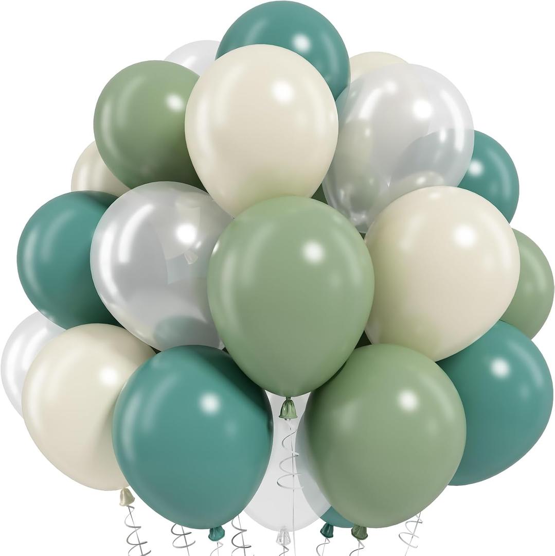 Sage Green and White Balloons, Neutral Dusty Olive Green White Beige Cream Clear Latex Balloon Baby Shower Balloon for Boho Bridal Shower Bachelorette Wedding Woodland Wild One Birthday Party Decor
