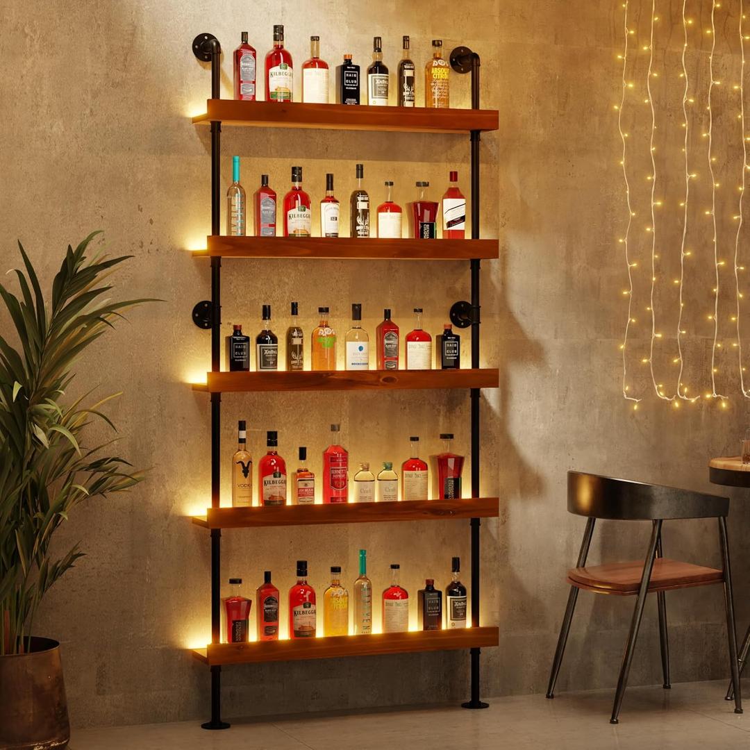 Wall Mounted Wine Rack with LED Light, LED Industrial Pipe Liquor Bar Shelves, 5-Tier Rustic Hanging Organizer for Wine Bottle Storage in Kitchen, Bar, Pub, Cellar (Walnut Brown, 36 Inch), 5t36in