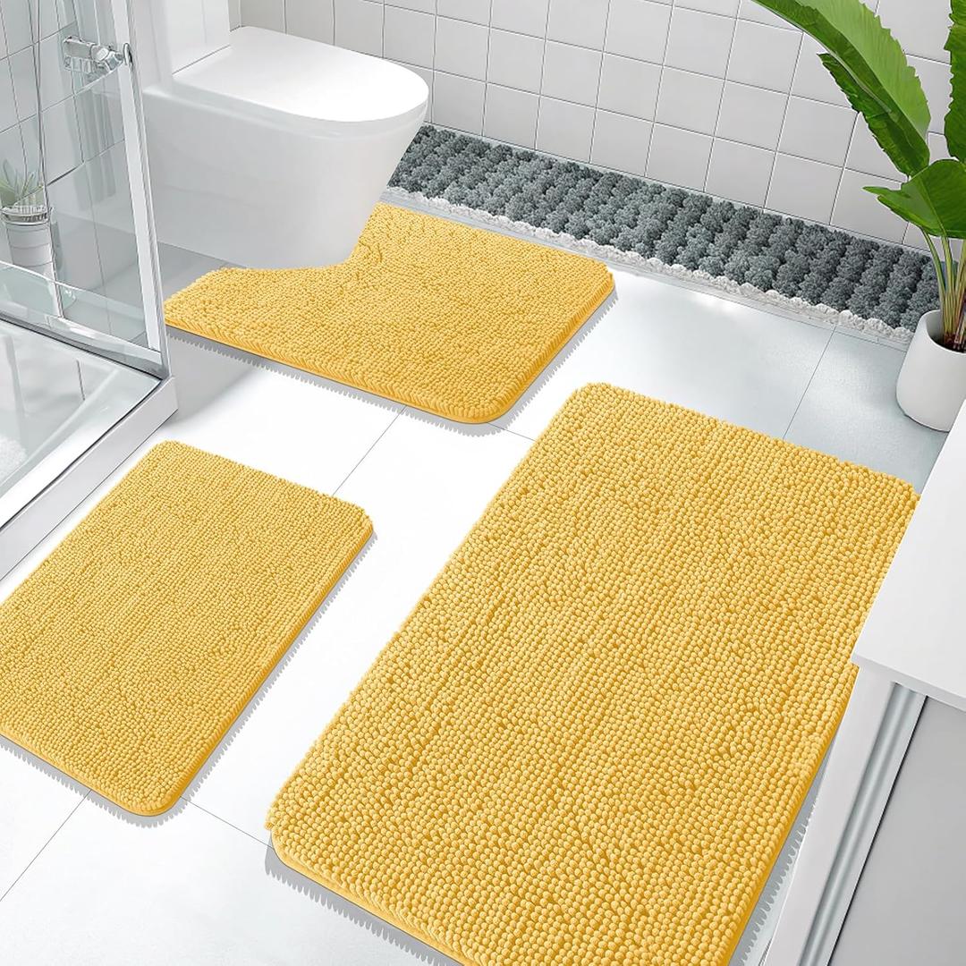 OLANLY Bathroom Rugs Sets 3 Piece, Soft Absorbent Chenille Bath Mats and U-Shaped Contour Toilet Rug, Quick Dry, Home Decor Accessories, Bath Mat Set for Bathroom (36"x24"+24"x16"+24"x20", Yellow)
