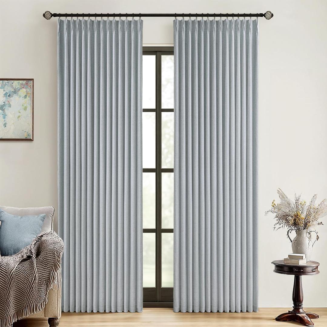 MIULEE Grayish Blue Pinch Pleated 100% Blackout Linen Curtains 102 Inch Length 2 Panels Set, Black Out Memory Trained Pleat Curtains Light Blocking Room Darkening Drapes for Bedroom Living Room Window