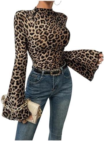 BEAUDRM Women's Y2K Leopard Print Top Mock Neck Ruched Shirt Cheetah Print Tee Shirt Long Bell Sleeve Slim Fit T Shirt, Medium