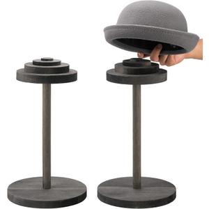 MyGift 2 Pcs Hat Holder Stand, Cowboy Hat Rack, Baseball Cap Organizer Storage, Wig Helmet Display Stand for Home, Salon, Entryway or Retail, Vintage Gray Solid Wood with Stacked Circular Discs Dome
