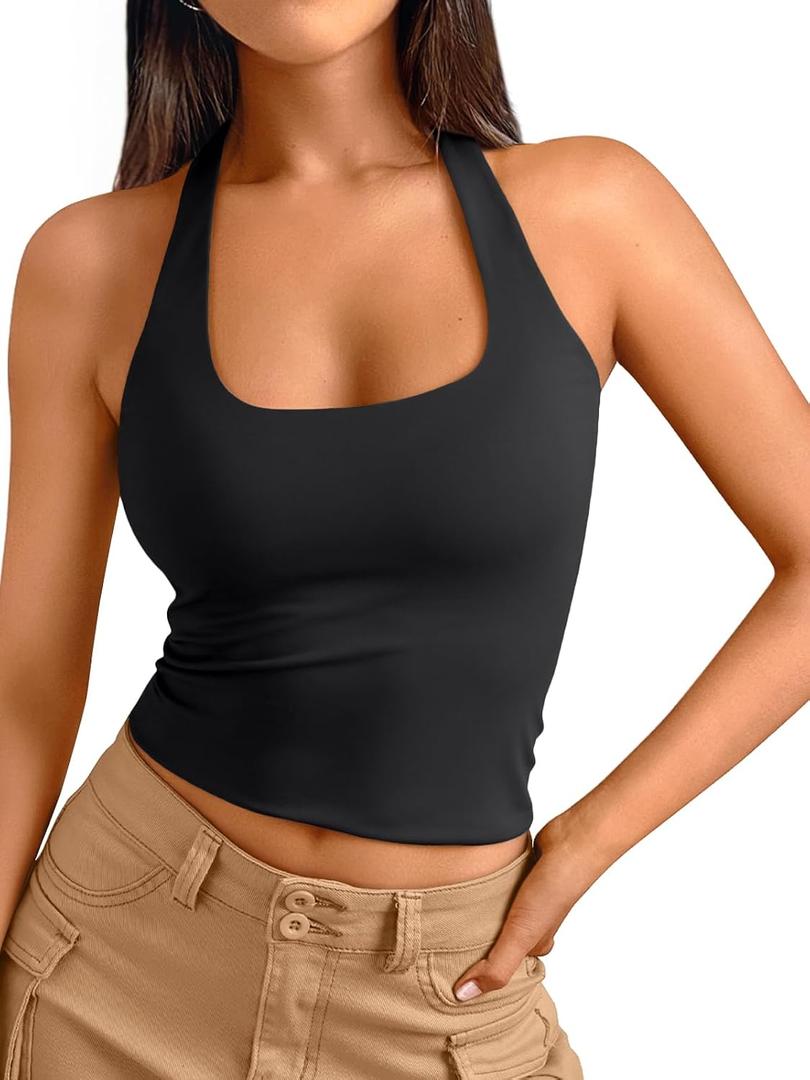 Trendy Queen Halter Tops for Women 2026 Summer Going Out Tops Backless Crop Sleeveless Workout Shirts Cute Y2k Clothes (Black, XS)
