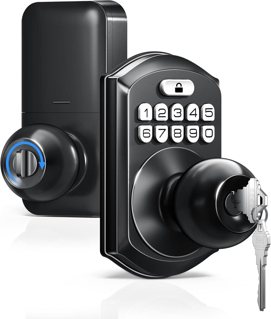 TEEHO Keyless Entry Keypad Door Lock with Handle, Electronic Digital Smart Locks for Front Door, Easy to Install Keypad Deadbolt with Code for Bedroom, Anti-Peeping Password (Matte Black)