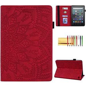 Case for Amazon Fire 7" 2022 12th Generation, Techcircle Mandala Embossed PU Leather Folio Stand Soft TPU Back Cover Slim Lightweight Elastic Band Protective Case with Card Slots & Pen Holder, Red