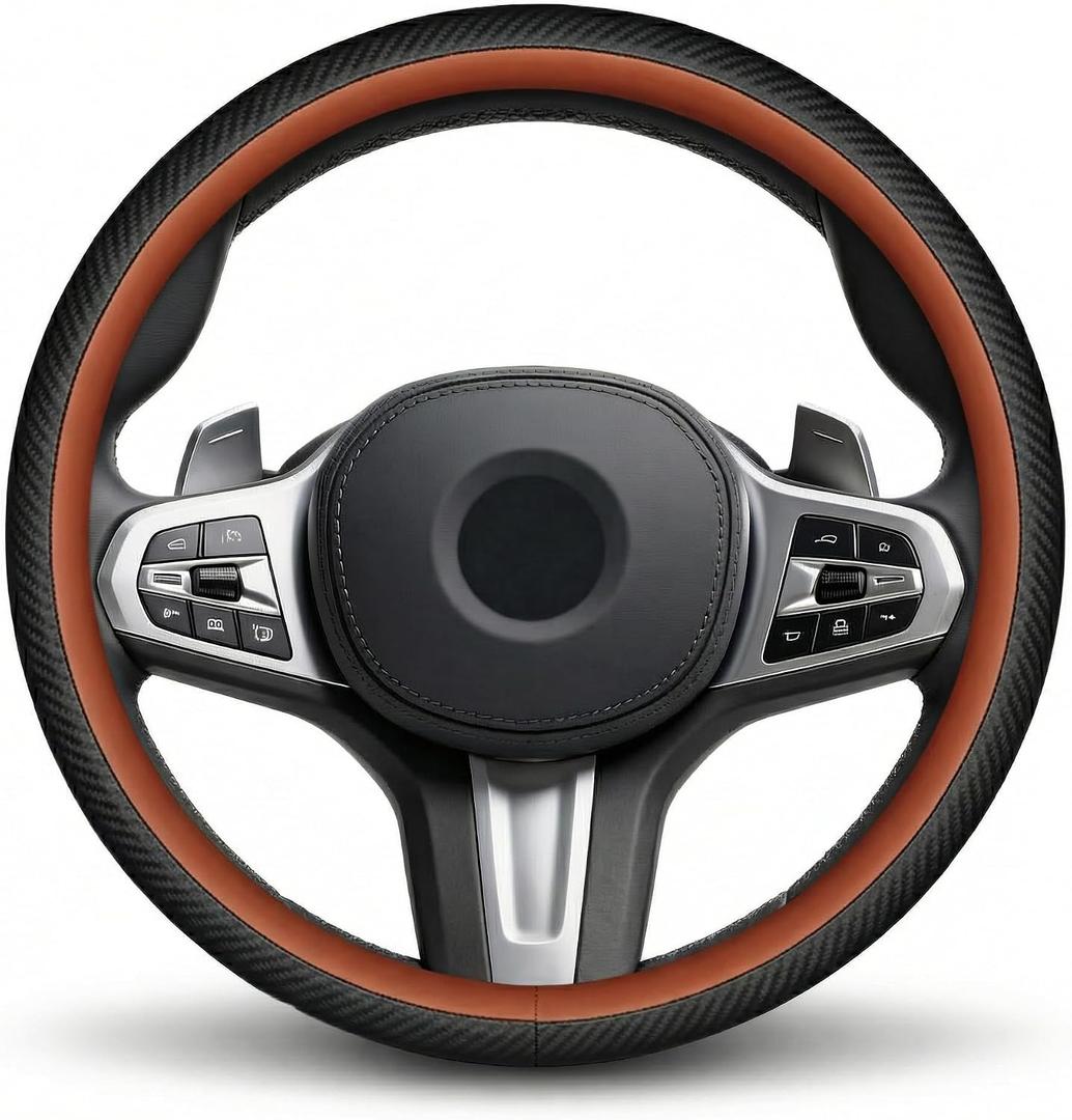 14.5-15" Nappa Leather & Carbon Fiber Steering Wheel Cover - Ultra-Thin Bare-Hand Feel, Sweat-Proof Sport Grip - Instant Supercar Interior Upgrade for Sedan/SUV