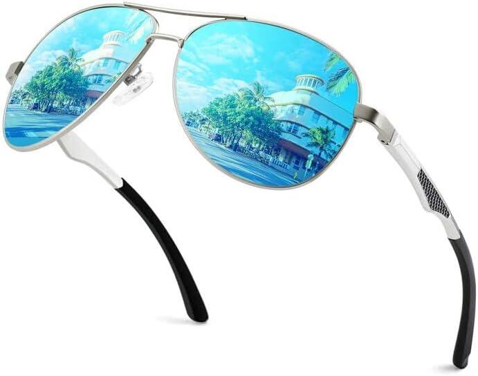 GQUEEN Classic Military Style Pilot Polarized Sunglasses Spring Hinges Al-Mg for mens womens MOS1 (A Silver Frame/Blue Mirrored Lens)