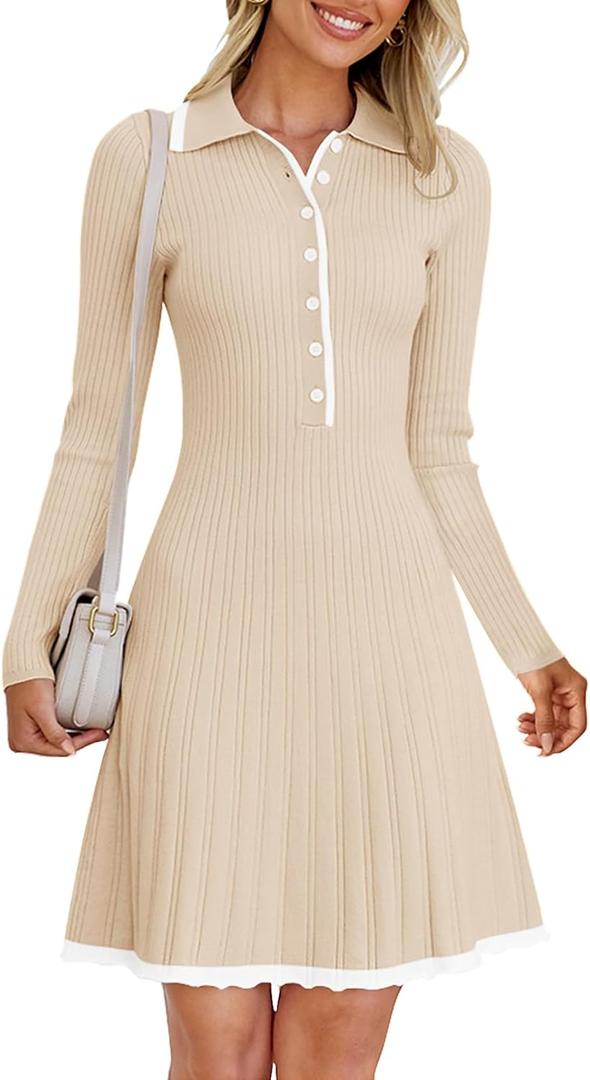 MEROKEETY Women's Long Sleeve V Neck Sweater Dress 2026 Fall Button Knit Pleated Mini Work Dresses (Beige, L)