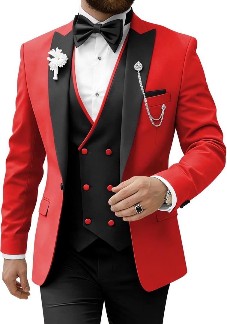 Mens Suits Slim Fit Suits for Men 3 Piece Tuxedo Wedding Prom Suit Formal Business Fashion (Small, Red)