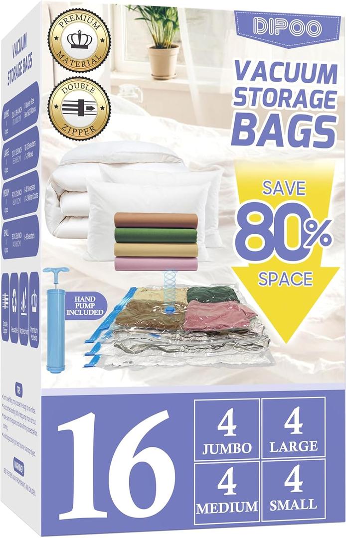 16 Pack Vacuum Storage Bags with Hand Pump, 4 Jumbo/4 Large/4 Medium/4 Small 80% Storage Space Saving, Sturdy Leak-Free Space Saver Vacuum Seal Bags for Clothing, Vacuum Compression Bags for Travel
