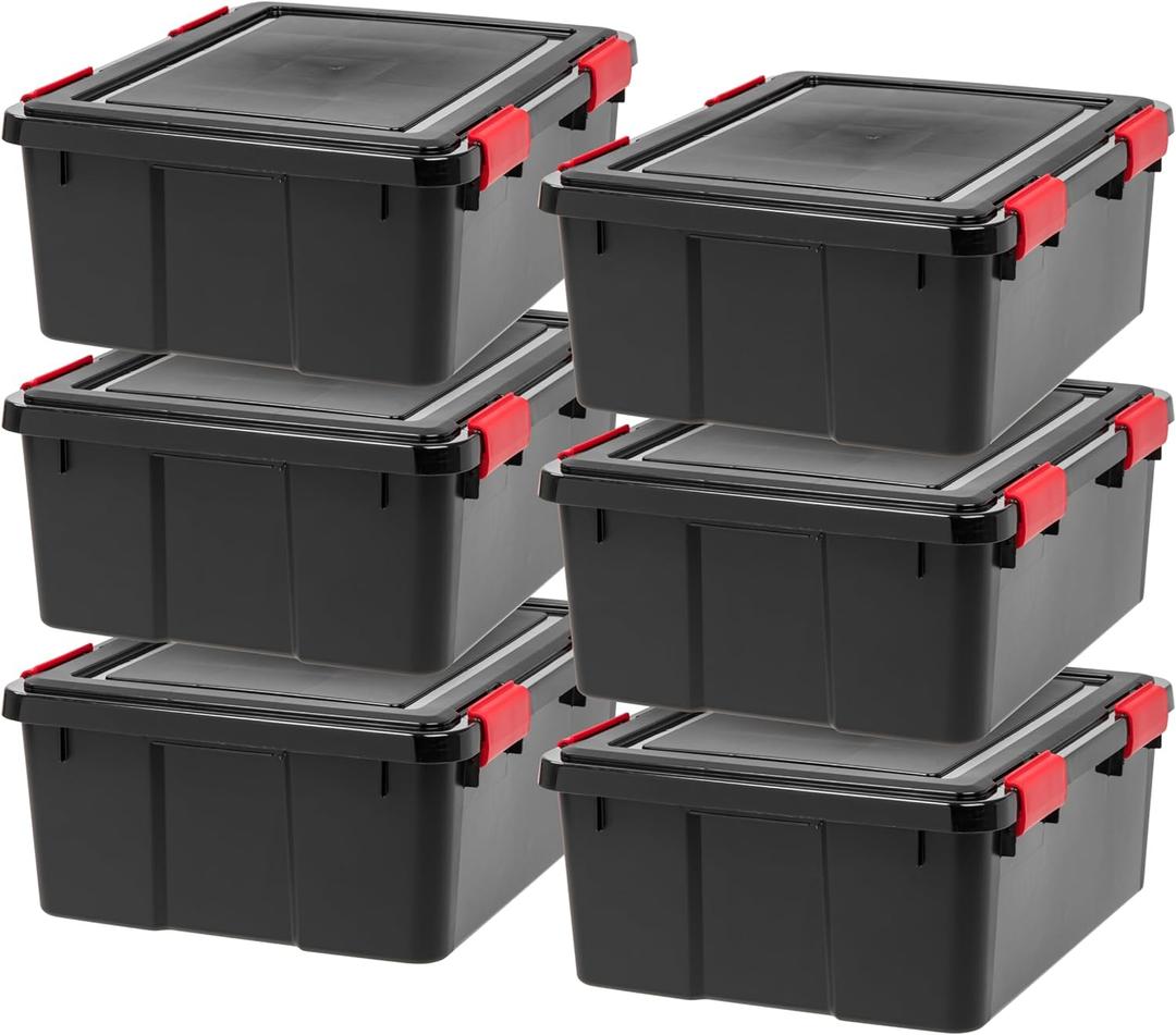 IRIS USA WeatherPro 31 Qt Storage Bins with Lids, 6 Pack, BPA-Free Plastic Gasket Box with Tight Latch and Seal, Stackable Nestable Tote Tub - Black/Red