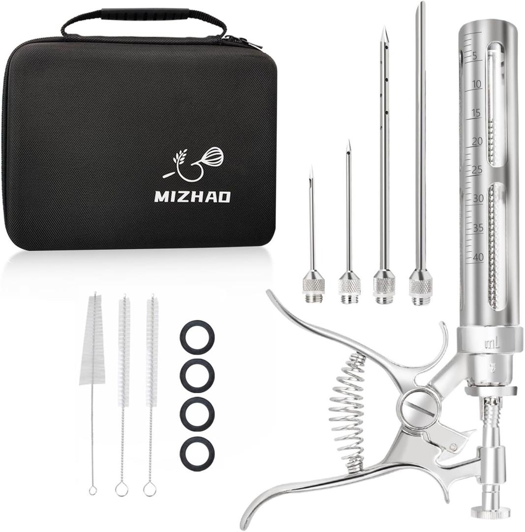 Premium Meat Injector Kit - Stainless Steel Marinade Syringe with 4 Needles, Leak-Proof, Food-Grade Injector for BBQ, Turkey, Chicken, and Grilling9.05in