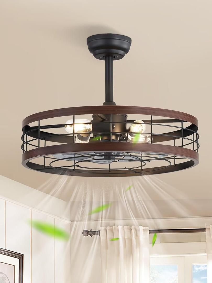 LEDIARY 22 inch Caged Ceiling Fan with Light, Fandelier Industrial Ceiling Fan with Remote, Farmhouse Fan Lights Ceiling Fixtures for Kitchen, Bedroom, Outdoor6 Speed, Timing-Walnut