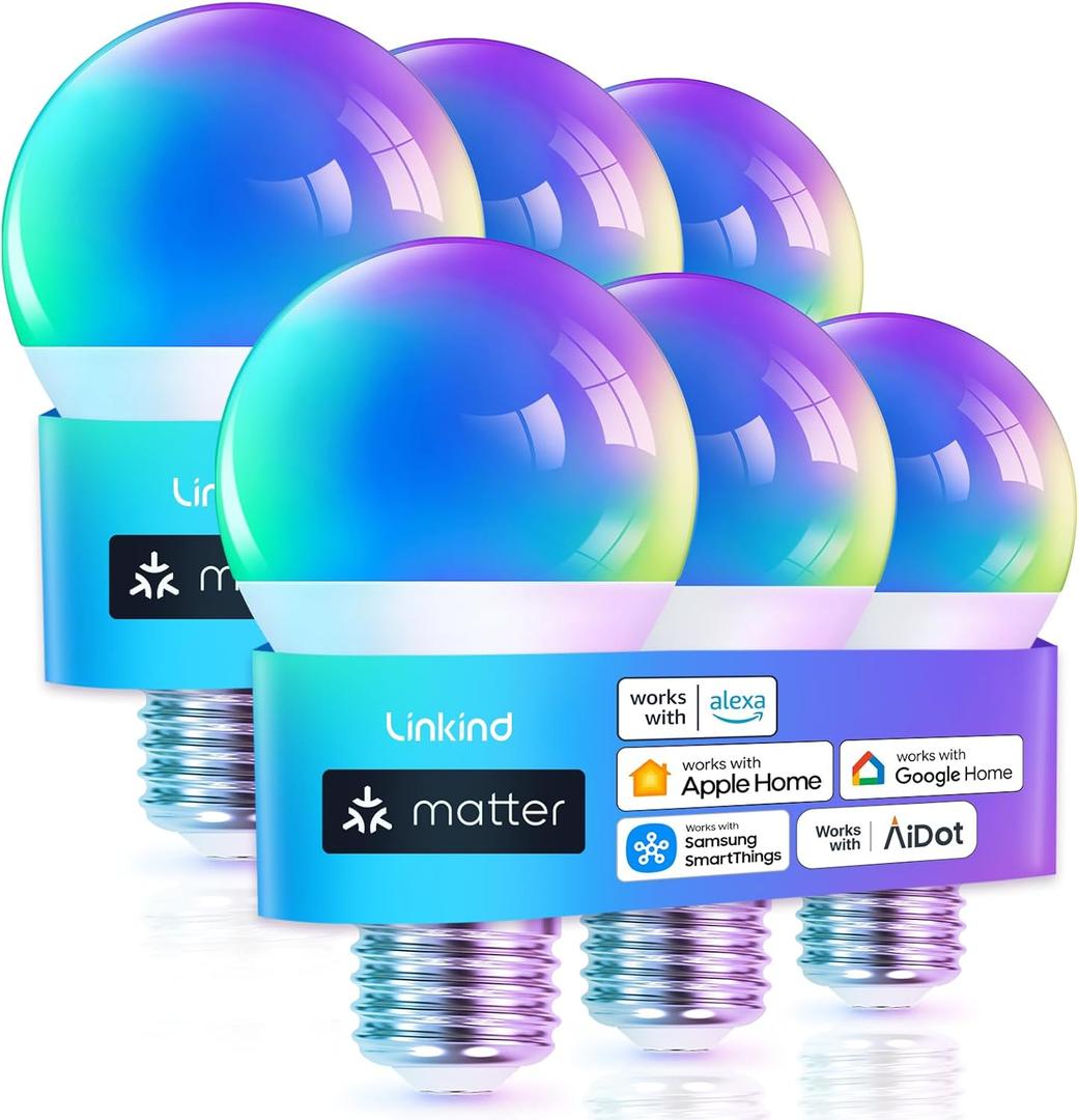 Linkind Matter Smart Light Bulb, WiFi Smart Bulbs, Work with Apple Home, Siri, Alexa, Google, SmartThings, RGBTW Color Changing Bulbs Mood Lighting, Music Sync, A19 E26 60W, 2.4Ghz WiFi 3 Pack