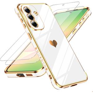LeYi for Samsung A57-5G Case: with Tempered Glass Screen Protector [2 Pcs]+ Full Camera Lens Protection,Love Heart Plating Women Cute Luxury Soft TPU Shockproof Case,White