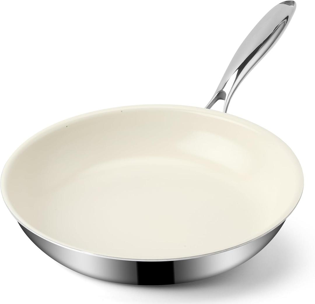 Ranbomer Hybrid Ceramic Non Stick Frying Pan 10 Inch, 5-Ply Stainless Steel Skillet,Stay-Cool Handle,Induction Ready, Compatible with All Cooktops, PFAS-Free, Non-Toxic, White. (10 Inch)