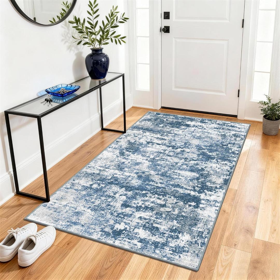 3x5 Area Rug Washable Entryway Rug Non Slip Abstract Tear and Stain Resistance No Pile Lightweight Throw Rugs Carpet for Kitchen, Entrance, Foyer, Bedside, Mudroom, Blue