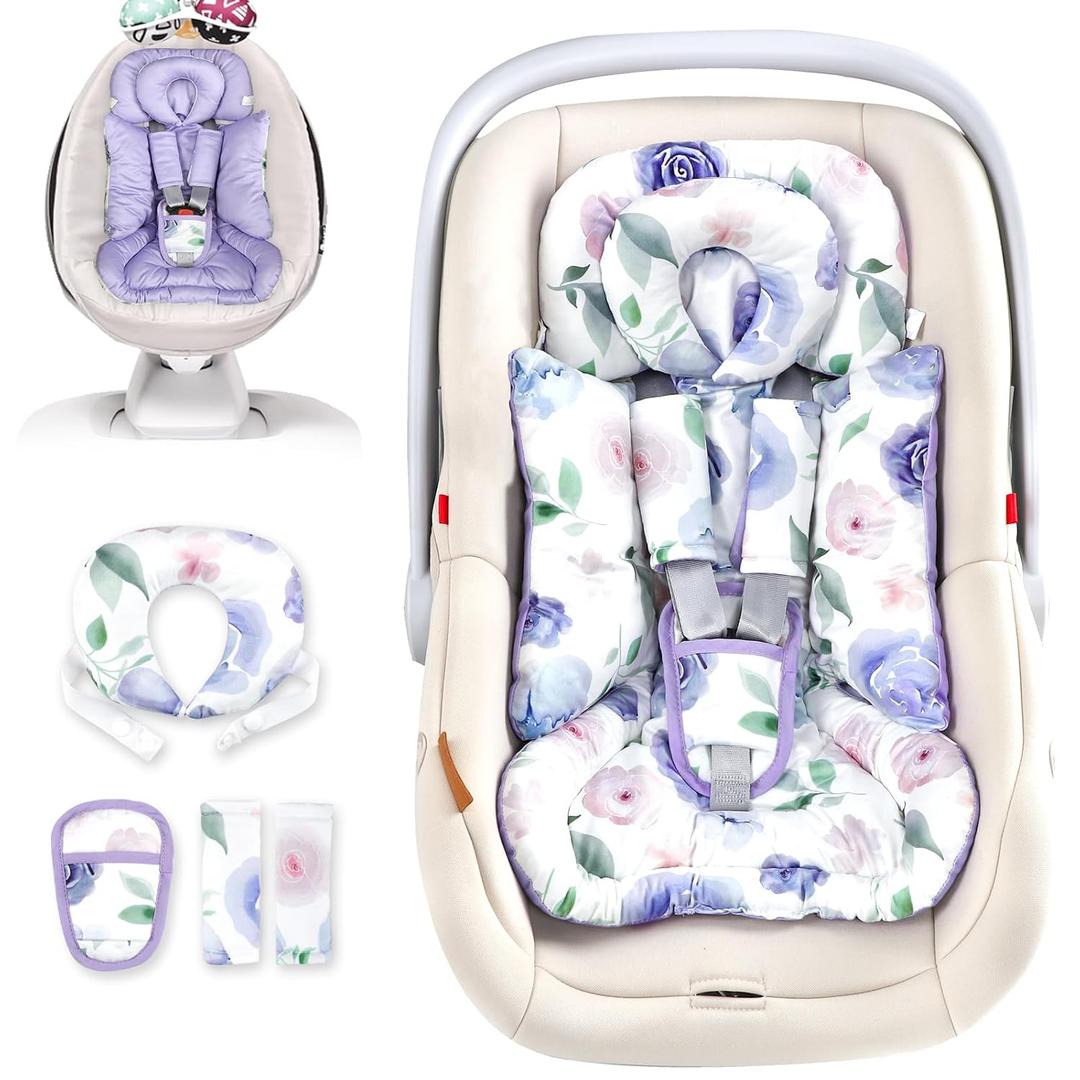 TANOFAR Infant Car Seat Insert with Removable Cushion for Baby Girls, Reversible Newborn Carseat Insert for Baby Head Body Support, Fits for Stroller, Baby Swing, Bouncer (Purple Flower)