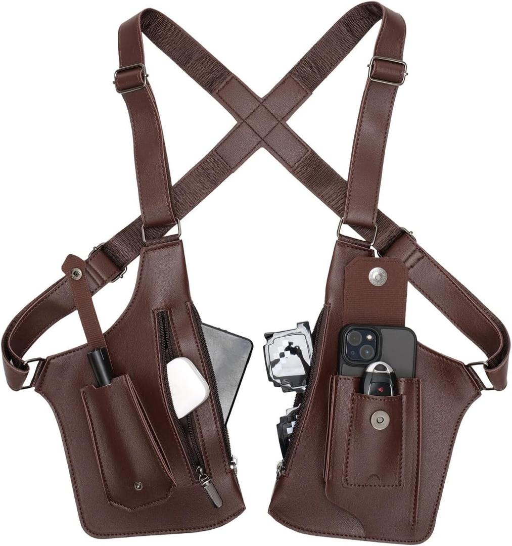 Double Shoulder Armpit Bag for Men, Fashion Leather Double Shoulder Straps Holster Wallet Adjustable Oxford Cloth Underarm (Brown)