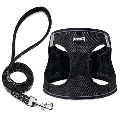 BOOMIBOO Dog Harness with Leash Set, No Pull Adjustable Reflective Step-in Puppy Pet Vest Harnesses for Small Medium Large Dogs and Cats,Black S