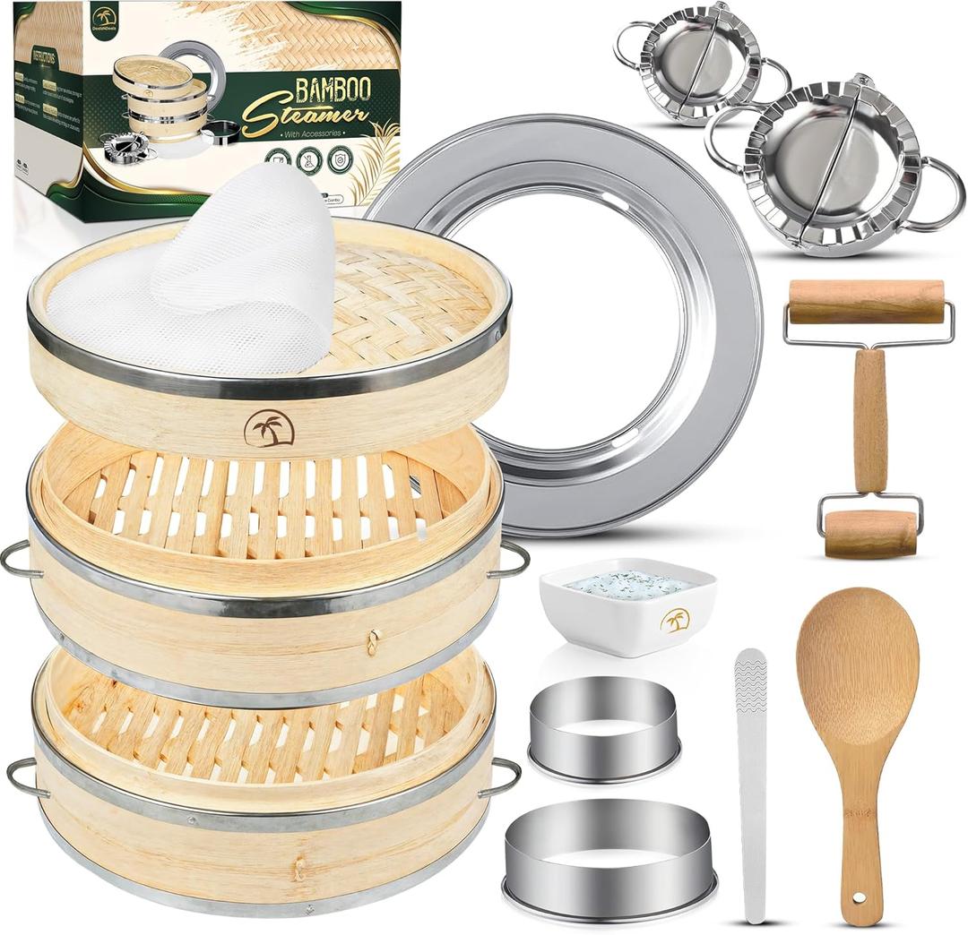 UPGRADED Bamboo Steamer Basket 10-Inch 2-Tier with handle|1x Stainless Steel Ring|2x Chopsticks|50x Perforated Liners|1x Sauce bowl| Easy to clean|Dumpling Steamer Baskets for Cooking Rice & Vegetable (Full Set [10-Inch] with Dumpling Tools)