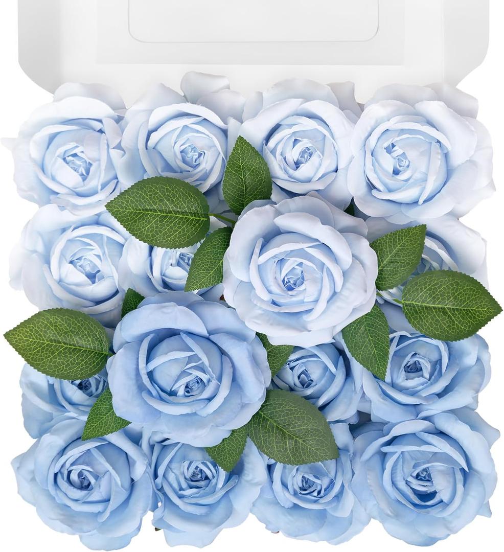 TINGE TIME Blue Artificial Flowers Combo Box Set, 16PCS Fake Rose Silk Flower w/Stem for DIY Wedding Bouquets Centerpieces Baby Shower Party Home Spring Decoration (Light Blue & Deep Blue)