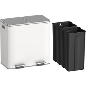 SONGMICS Can, 2 x 10.6 Gallon (2 x 40 L) Garbage Can for Kitchen, with 15 Bags, 2 Compartments, Plastic Inner Buckets and Hinged Lids, Airtight, White and Gray ULTB730W80