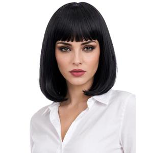 Short Black Bob Wig with Bangs for Women Heat Resistant Straight Bob Synthetic Hair Wigs for Cosplay Halloween Costume Party Daily Wear (12", 2# Black), average cap size circumference 22.5 inches with 2 adjustable straps