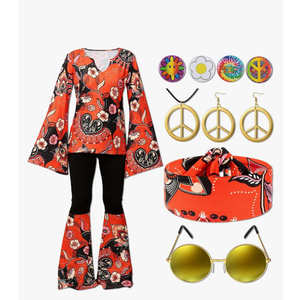 Jiuguva 17Pcs 60s 70s Outfits for Women Hippie Costume Set Disco Outfit Dress Boho Flared Pants Hippie Shirt Headband, Large 