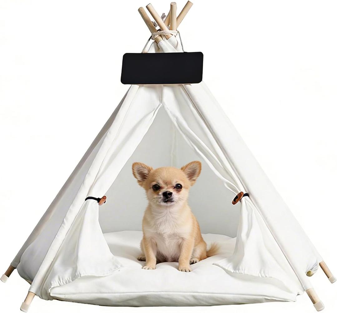 Pet Tent/Tipi for Cats & Dogs - Washable Canvas, Foldable Pet Teepee with Anti-Slip Base & Detachable Cushion | Indoor/Outdoor Safe Shelter for Pets Up to 66lbs-White-M