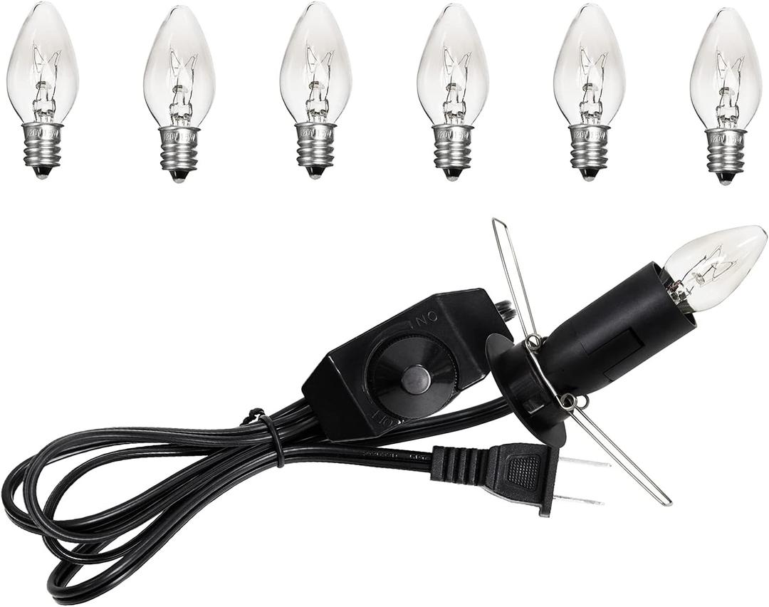 1 Pack Salt Lamp Cord Replacement with Dimmer Switch 5 feet Lamp Cord and 6-Pack Halogen Salt Lamp Bulbs(15 Watts) (C Type Clip Scoket)