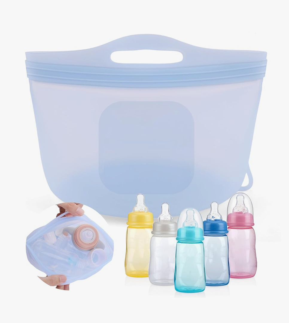 Palksky Large Silicone Microwave Steam Bags for Baby Bottles Reusable Silicone Steaming Bags for Breast Pump Parts Pacifiers Nipples Teethers Soother for Mom Home and Travel Blue