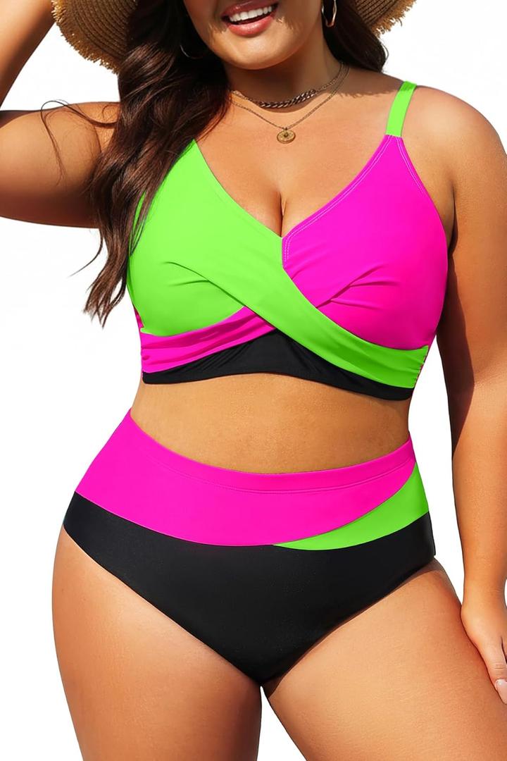 Tempt Me Plus Size Two Piece Swimsuit - Women High Waisted Bikini Set Tummy Control Bathing Suits (Green Pink Black)