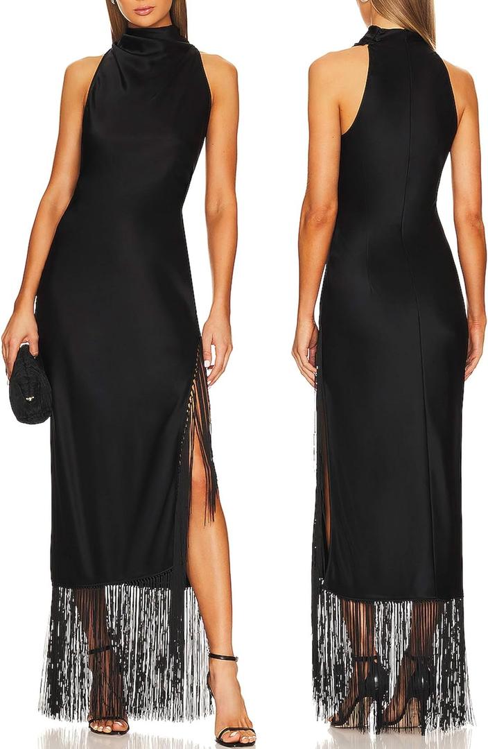 Aigeman Women Vintage Flapper Dresses 1920s Great Gatsby Halter Fringed Maxi Dress Tassels High Split Formal Dress M