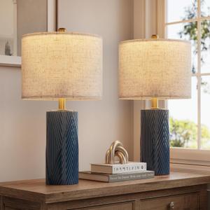 22" Modern Ceramic Table Lamp Set of 2 for Living Room, Table Lamps for Bedroom Set of 2 Farmhouse Bedside Nightstand Bedside Lamp End Table Lamps Blue